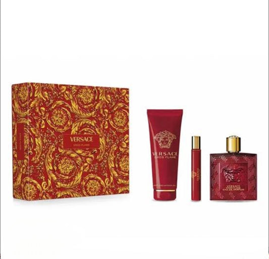 Set 3 Piezas Versace Eros Flame para Hombre de Versace EDP 100ML, travel 10 ML, Shower gel.